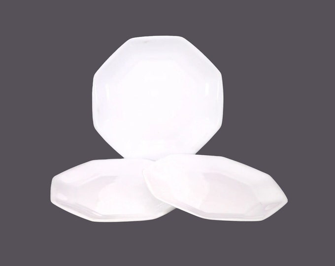 Three Arcopal Novoctime White multi-sided Chef's favorite all-white glass salad plates made in France. Soft edge, eight-sided.