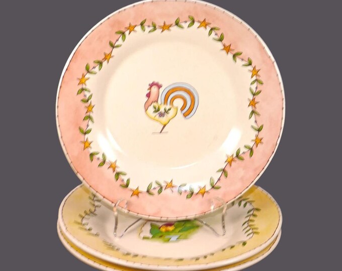 Three Russ Berrie stoneware salad plates. Rooster and cottage motifs rustic edge. Country Kitchen.