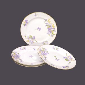 Op de afbeelding: Set van vier witte porseleinen dessertborden met een delicaat bloemenontwerp met paarse en gele viooltjes. De borden hebben een gouden rand.
