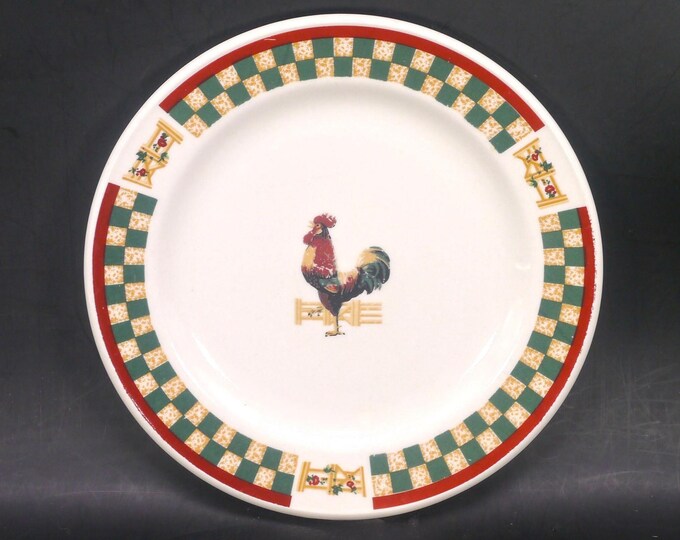 Citation for Betty Crocker Country Inn stoneware salad plate. Checkerboard rim, central rooster. Pattern wear (see below). Sold individually