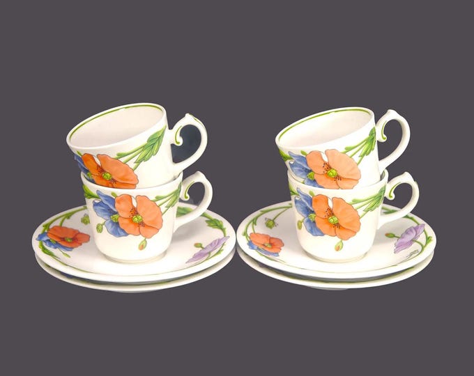 Vintage Villeroy & Boch Amapola cup and saucer sets. Germany. 4 sets. Poppy florals.