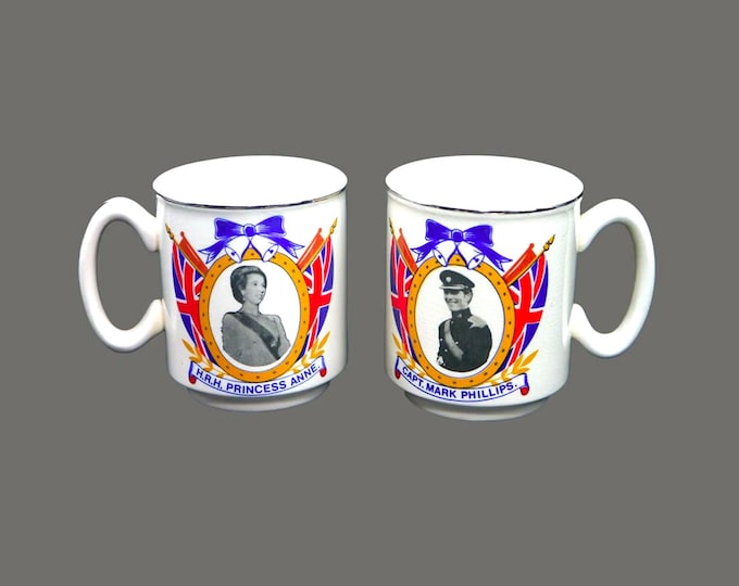 Pair of 1973 Commemorative mugs Wedding of Princess Anne Captain Mark Phillips. Wilsons Paignton made in England.