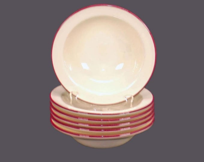 Six Steelite rimmed fruit nappies, dessert bowls with burgundy trim. Vintage hotelware made in England. Coordinates with SLE26.