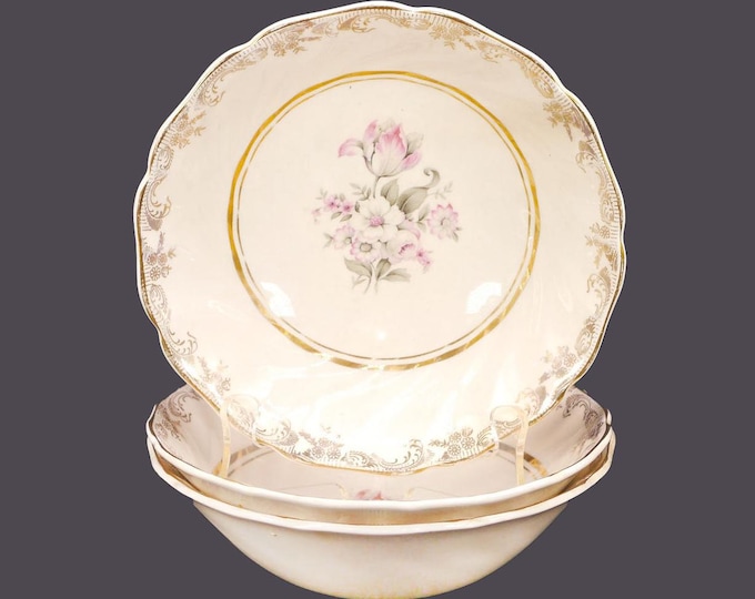 Three Sovereign Potters Windsor coupe cereal bowls. English ironstone decorated in Canada.