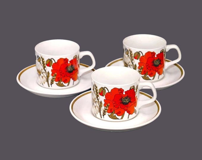 Three J&G Meakin Poppy cup and saucer sets. Studio Line ironstone made in England. Eve Midwinter design.