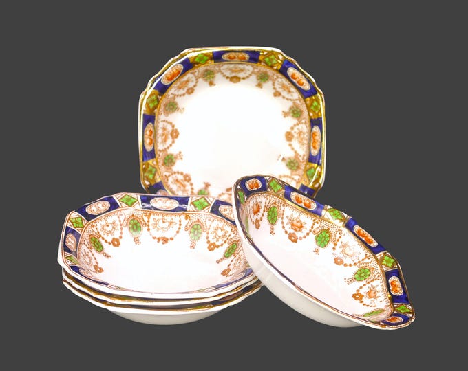 Five antique Thomas Hughes & Son Imperial Derby square, rimmed fruit nappies, dessert bowls. Imari-style tableware made in England. Flaws.