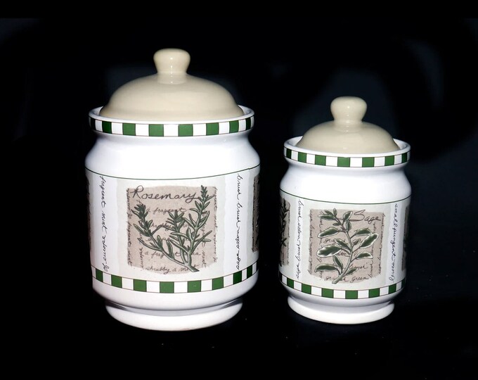 Pair of Himark Savory Tyme vacuum-seal canisters. One large, one small. Various herbs and herb wording.