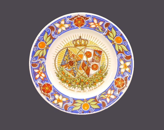 Petrus Regout hand-painted commemorative plate celebrating the Royal Wedding of HRH Juliana & HRH Bernhard in January 1937. Made in Holland.