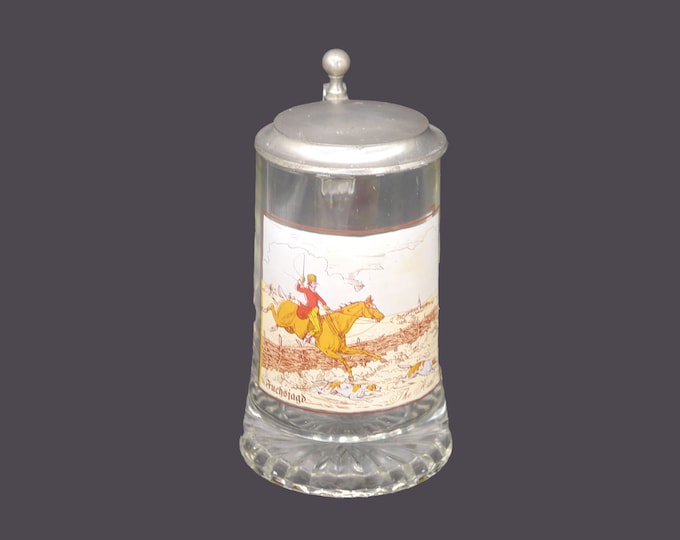 Fiye Italy etched-glass and pewter covered beer stein "Fuchsjagd" or The Fox Hunt.