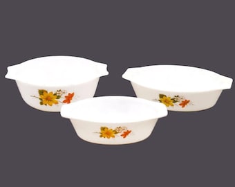 Three JAJ | Pyrex Autumn's Glory | Dahlia Cinderella bowls made in England.
