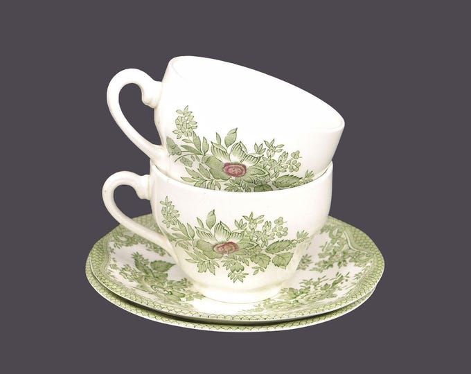 Pair of Wedgwood Kent Green Multicolor cup and saucer sets. Green transferware made in England.