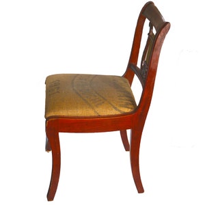 MCM solid wood Lyre Back, Harp Back, Duncan Phyfe Dining Chair attributed Bissman. Authentic French grain sack seating. Sold individually. image 3