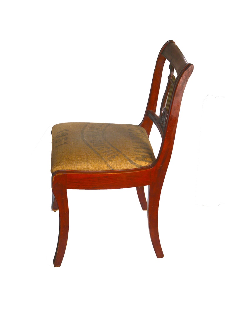 MCM solid wood Lyre Back, Harp Back, Duncan Phyfe Dining Chair attributed Bissman. Authentic French grain sack seating. Sold individually. image 3