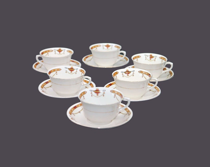 Art-deco Sampson Bridgwood Sons Anchor Pottery Coronation Surrey cup and saucer sets made in England.