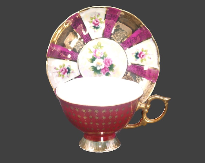 Shafford gold stars and maroon wide-mouth tea set. Lusterware made in Japan. Gold stars and handle.