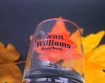 Evan Williams Kentucky Bourbon lo ball, whisky, old-fashioned glass. Etched-glass branding. Sold individually.