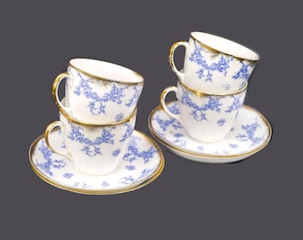 Antique Regent Ibis Flow Blue Cup and Saucer Sets - England. 4 sets.