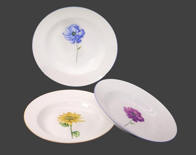 Three Muti Flower Power | Flower Show | Poppy rimmed soup bowls. Central large flowers coordinating trim.