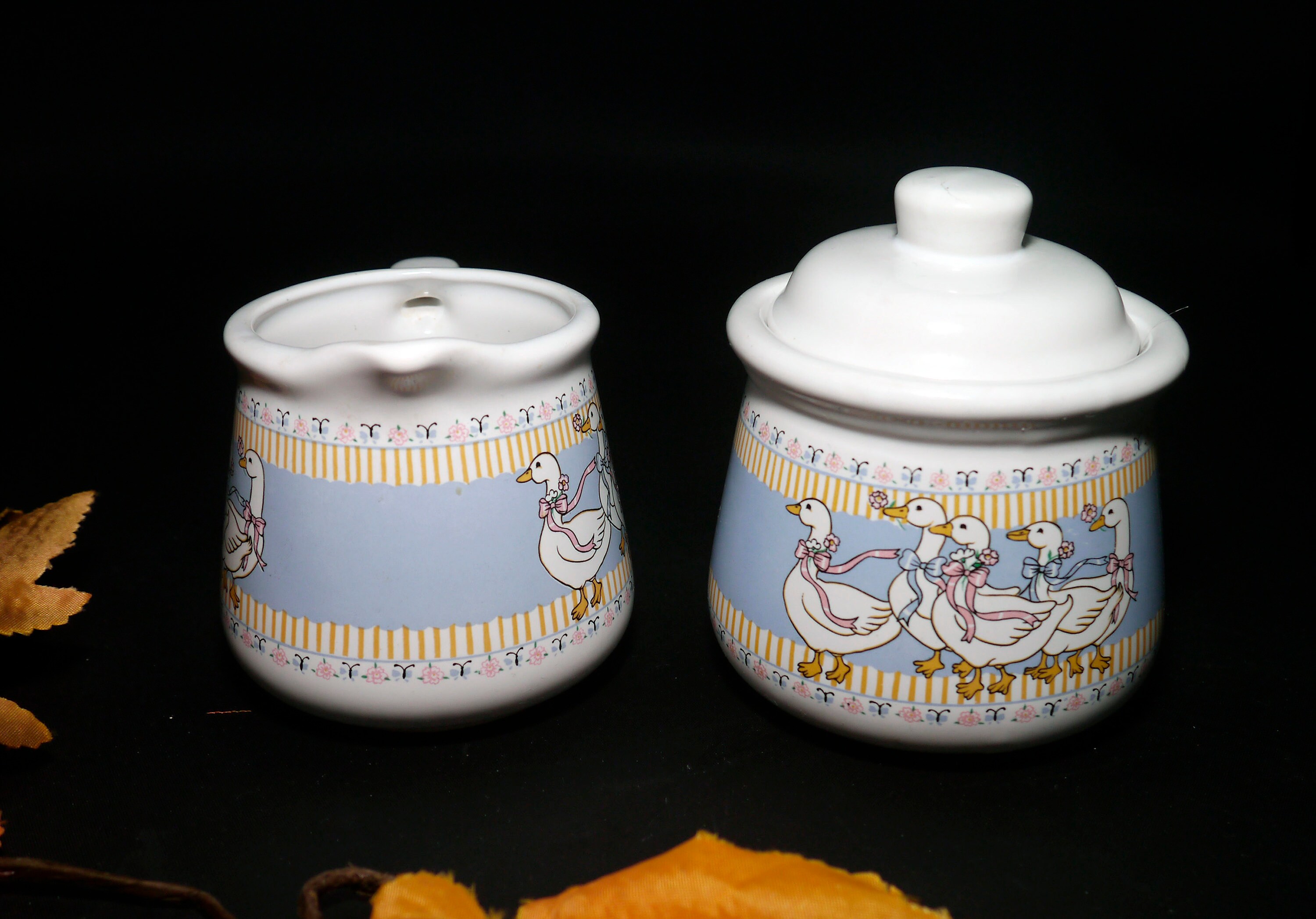 Vintage (1980s) Brick Oven Ribbon Geese stoneware creamer and covered