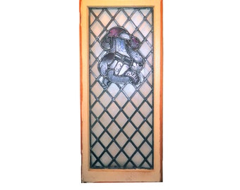Antique Victorian era large leaded stained glass window. Relic salvaged from Alma College St Thomas Ontario.
