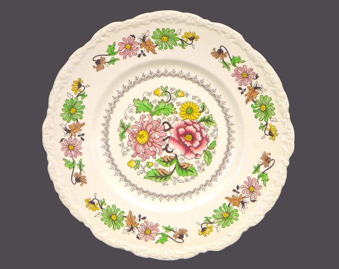 Art-deco era Royal Cauldon 8287 large dinner plate made in England. Red, green, yellow flowers. Flaws (see below).