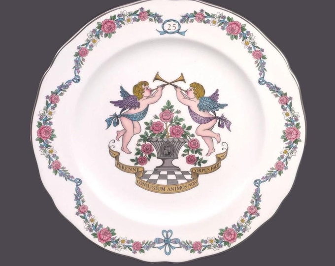 Spode 25th Wedding Anniversary collector plate. Cherubs with horns, Perenne Coniugium Animos Non Corpus Facit made in England.
