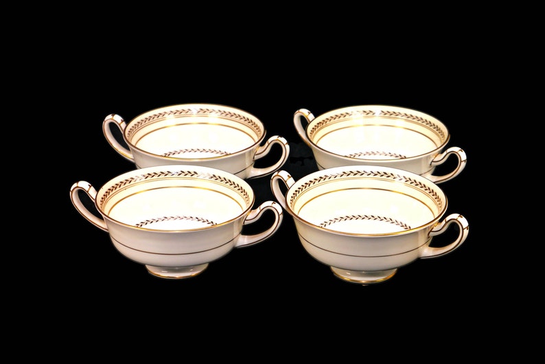 Four Royal Doulton The Repton V1705 hand-decorated cream soup | bouillon cups only. Bone china shops made in England. Gold trim.
