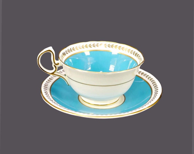 John Aynsley C186i hand-decorated wide-mouth tea set. Portland blue, gold laurels. Bone china made in England.
