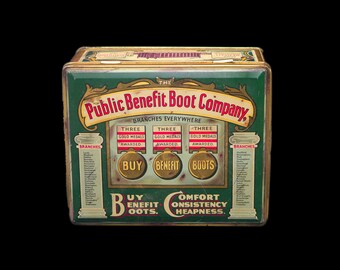 Public Benefit Boot Company reproduction tin made in England. Flaws (see below).