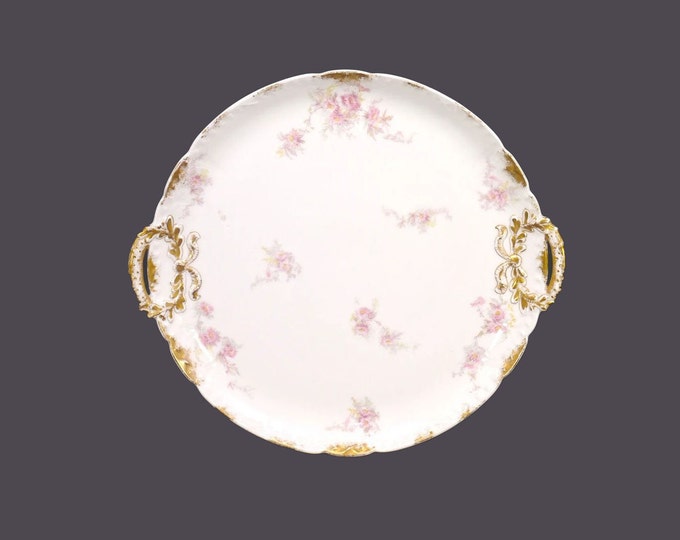 Antique art-nouveau period Gérard, Dufraisseix, Abbot | GDA Limoges handled cake plate made in France. Pink floral sprays.