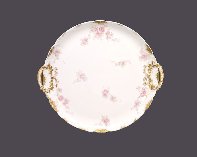 Antique art-nouveau period Gérard, Dufraisseix, Abbot | GDA Limoges handled cake plate made in France. Pink floral sprays.