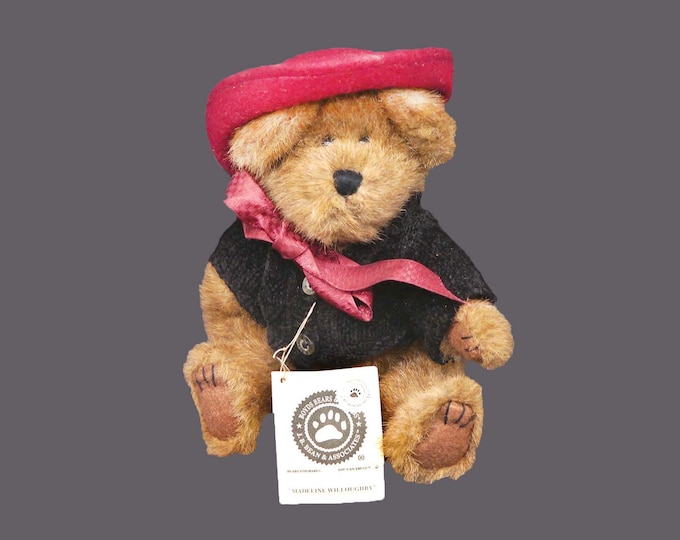 Boyd's Bear Madeline Willoughby teddy bear red brimmed felt hat and ribbon black knitted jacket with buttons. Original tags.