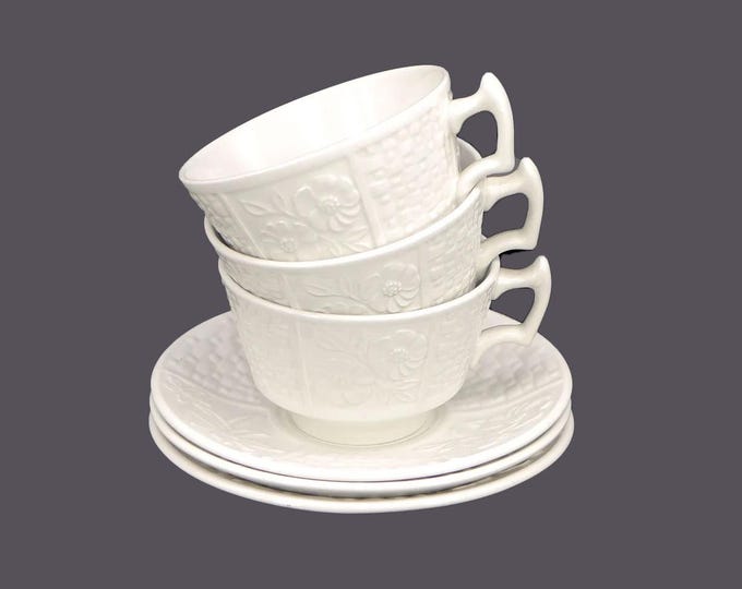 Three Wood & Sons Tudor White Chef's favorite all-white cup and saucer sets made in England. Flaws (see below).