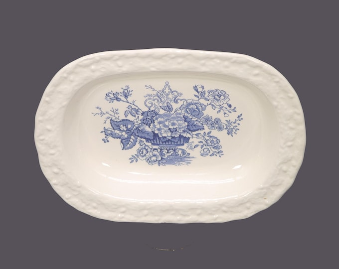 Masons Ascot on Oak | Hanging Basket rimmed oval serving bowl. Blue-and-white tableware made in England.