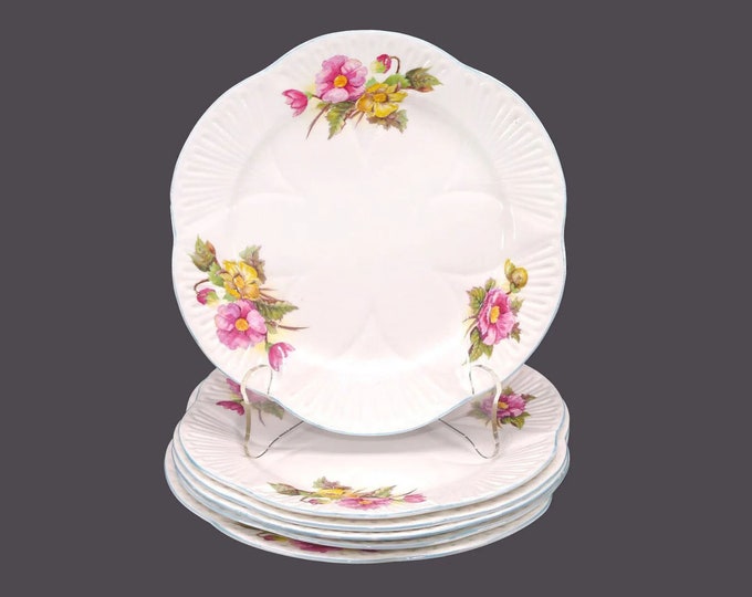 Six Shelley Begonia salad plates in the dainty shape. Bone china made in England. Flaws (see below).