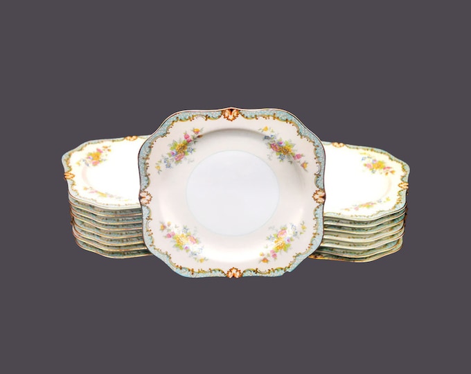 Six Noritake Lanare square salad plates. Green verge. Made in Japan. Sold in sets of six only.