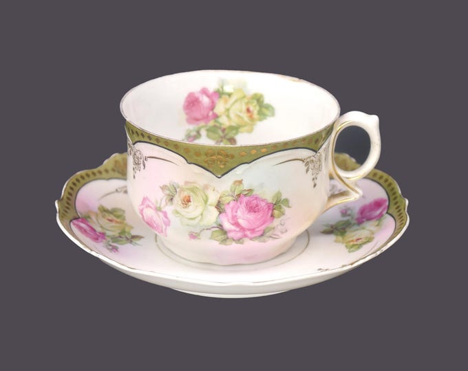 Antique Carl Thieme Porcelain Cup and Saucer Set: Bavaria Roses, Embossed Gold