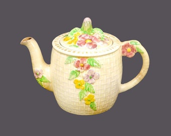 Early mid-century Wade Heath Yellow Honeycomb 4-cup teapot. Majolica florals. Made in England.