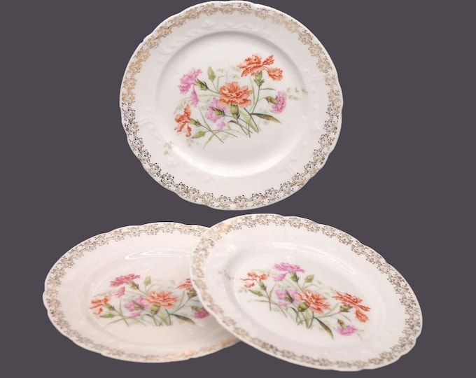 Antique Art Nouveau Krister Porzellan Dessert Plates: Floral Gold Filigree, Set of 3