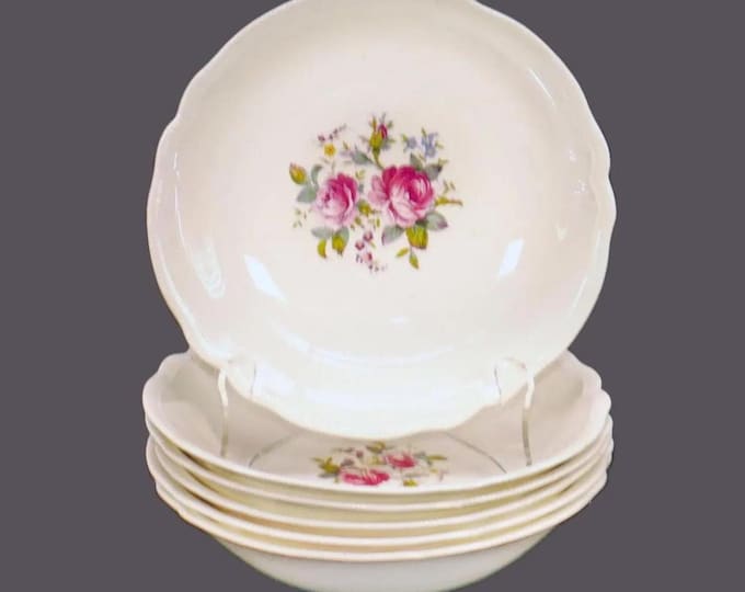 Six antique art-nouveau period Johnson Brothers JB339 coupe soup bowls made in England. Flaw (see below).