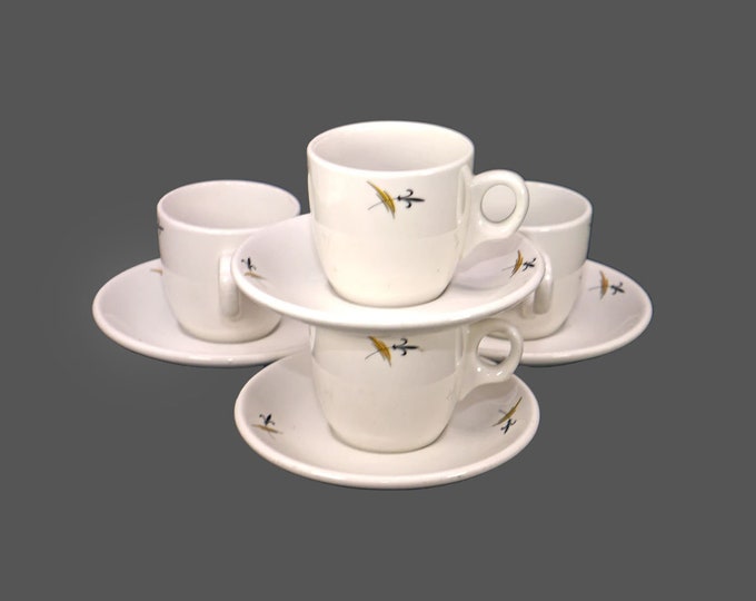 Four Grindley Duraline Hotelware cup and saucer sets made in England. Black fleur de lys, yellow lines.