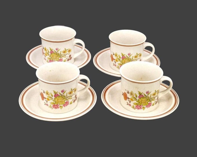 Four Royal Doulton Gaiety LS1014 stoneware cup and saucer sets made in England. Caffeine stains (see below).
