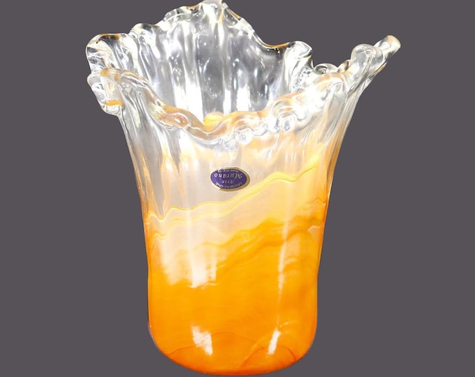 Murano Lavorazione hand-blown art glass handkerchief vase. Graduated peach, orange tones, ruffled rim. Made in Italy.