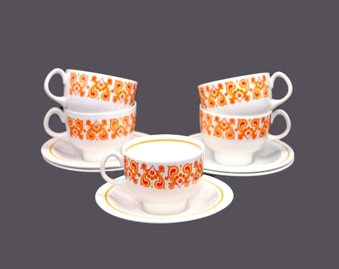 Five Ridgway Christina retro cup and saucer sets made in England.