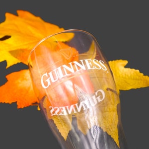 Guinness beer pint glass. Etched-glass branding. Guinness Harp on front. Gift for him. Gift for dad.