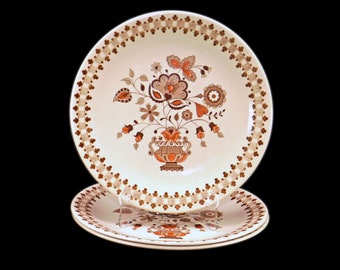 Three Johnson Brothers Jamestown Brown dinner plates. Old Granite ironstone made in England.