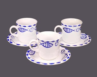 Vintage Living Art Pescada Cup and Saucer Sets: Blue Fish Design. 3 sets.