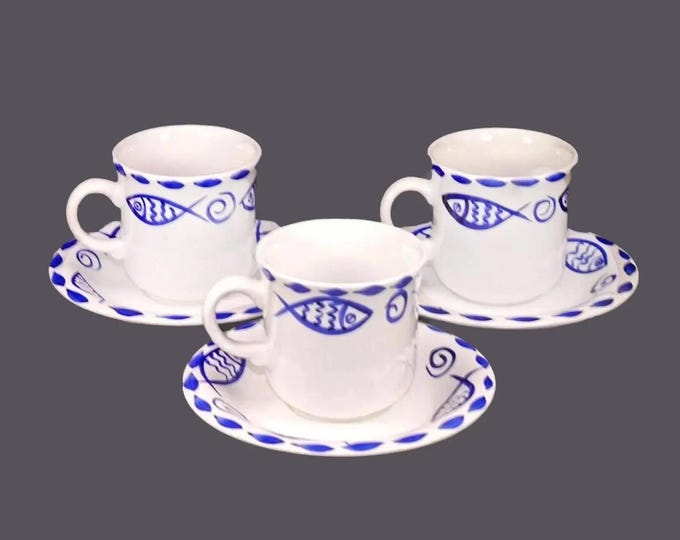 Vintage Living Art Pescada Cup and Saucer Set: Blue Fish Design. 3 sets.