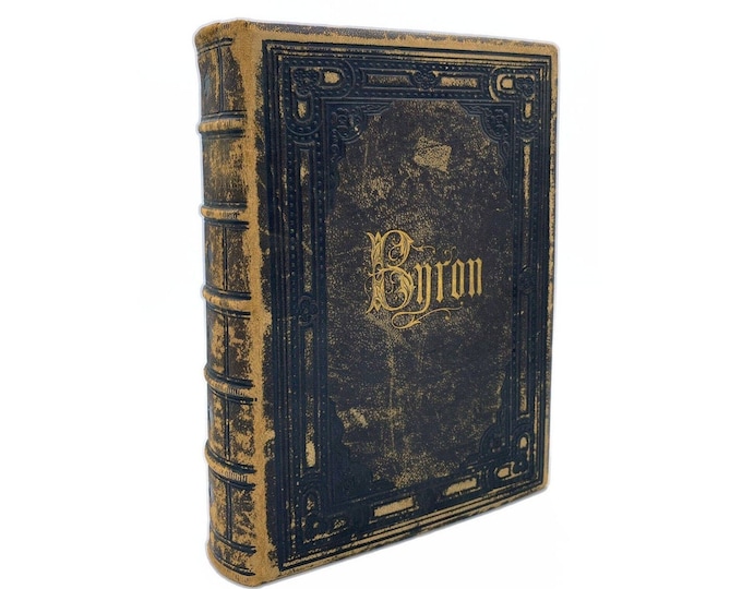 Antiquarian Victorian-era poetry book Lord Byron Complete Works. Octavo Moroccan full leather boards, illustrated with steel engravings.