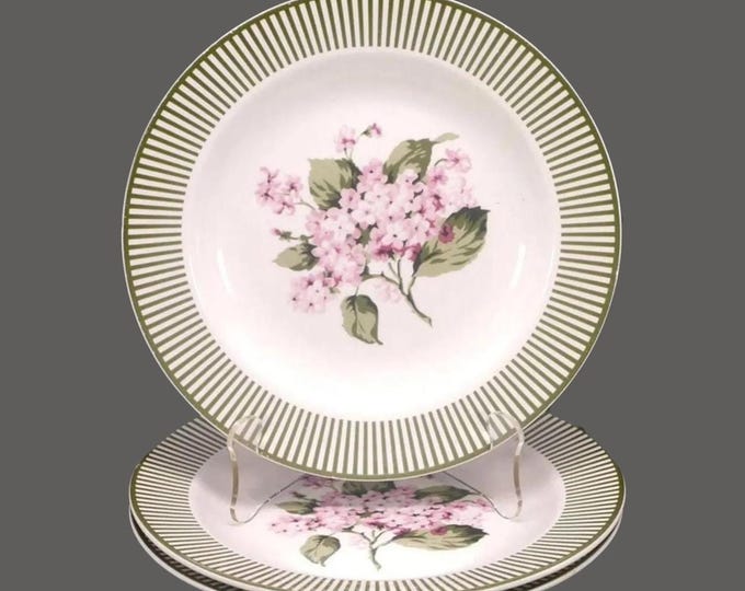 Three Martha Stewart Hydrangea stoneware salad plates. Green striped rims.